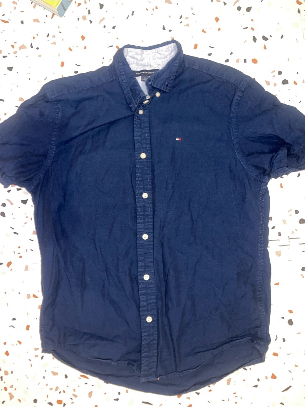 Tommy Hilfiger Navy Short Sleeve Button-Down with Flag Logo